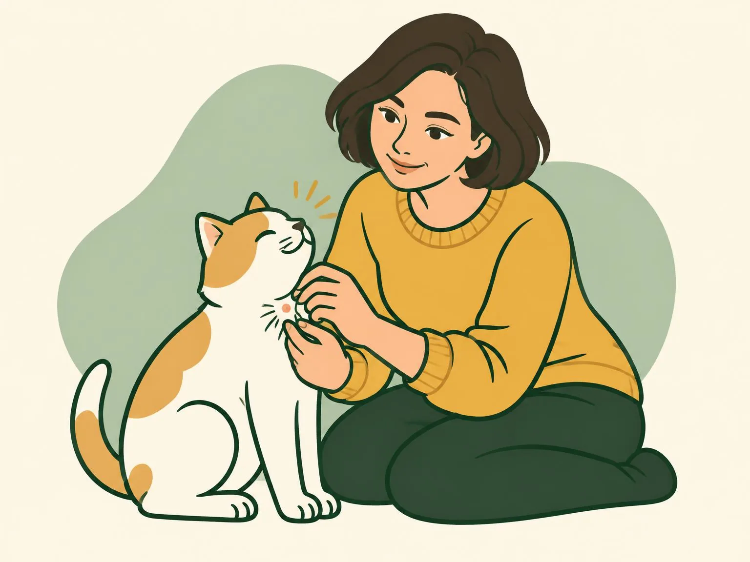 Illustration of a woman parting the fur on her cat's neck to look at a small mark, the cat sitting calmly