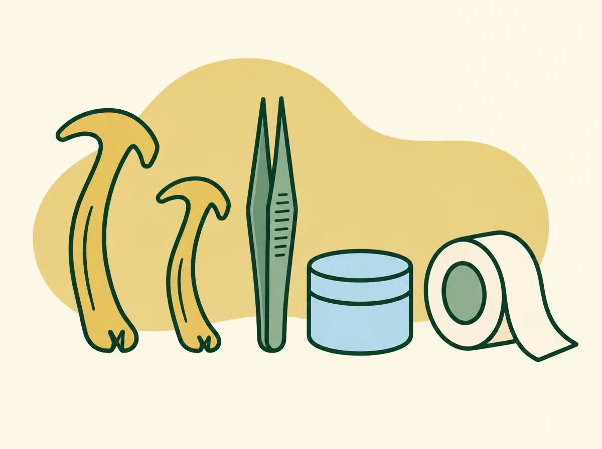 Illustration of two sizes of hook-shaped tick-removal tools, a pair of fine-pointed tweezers, a small lidded pot and a roll of tape