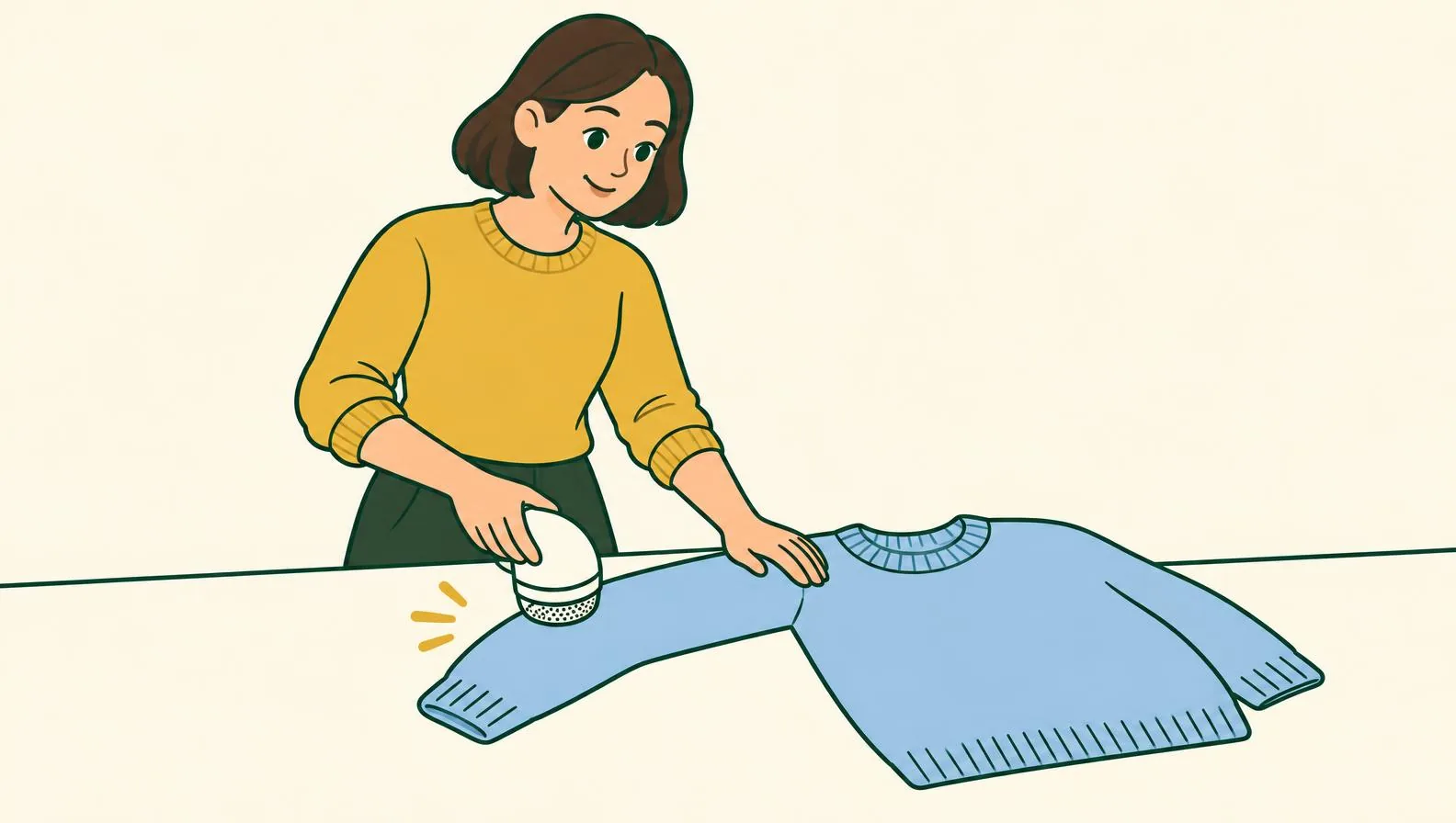 Illustration of a woman gliding a small handheld fabric shaver over the sleeve of a knitted jumper laid flat on a table