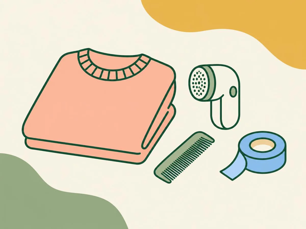 Illustration of a small handheld fabric shaver, a fine-toothed comb and a roll of sticky tape laid beside a folded jumper