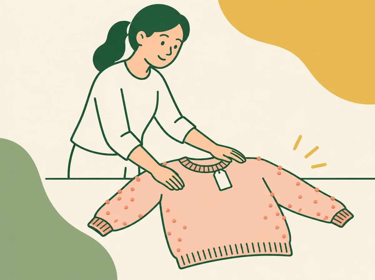 Illustration of hands smoothing a knitted jumper flat on a table, small bobbles visible on the sleeves and sides