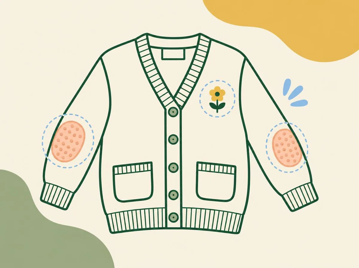 Illustration of a cardigan laid flat with its buttons and an embroidered patch circled by soft dashed lines, bobbled patches on the elbows