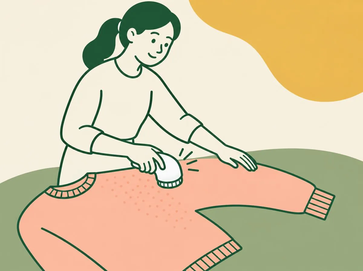 Illustration of a fabric shaver gliding lightly over a bobbled patch of a jumper laid flat, the other hand holding the knit smooth