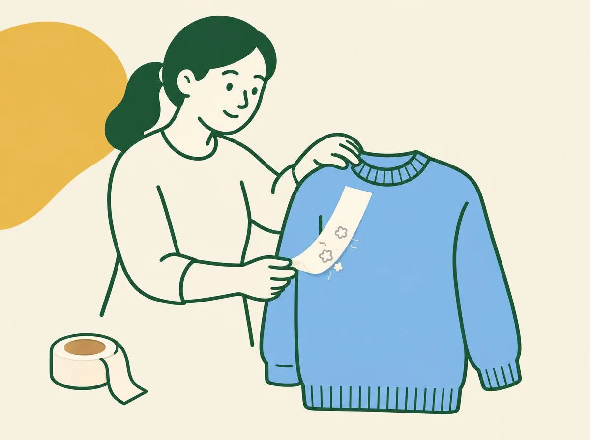 Illustration of a hand pressing a strip of sticky tape onto the front of a jumper and peeling it away with fuzz stuck to it