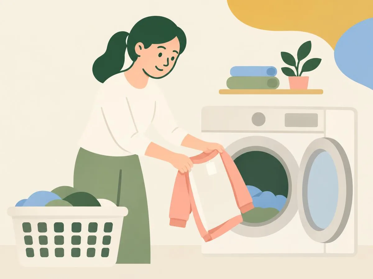 Illustration of hands turning a jumper inside out beside a washing machine with a half-empty drum