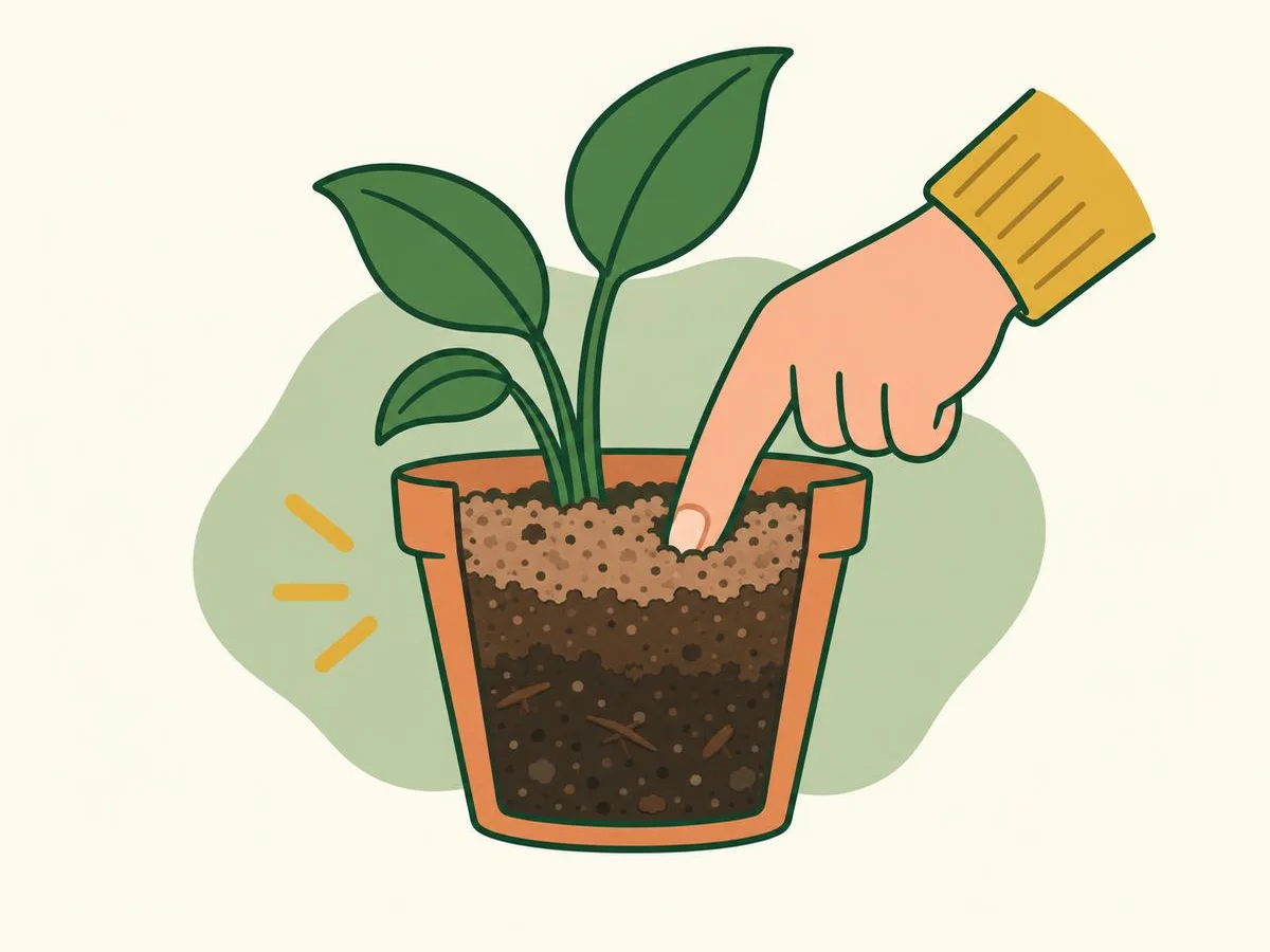 Illustration of a cut-away pot showing a finger pushed into the compost, dry crumbly compost near the top and darker moist compost lower down