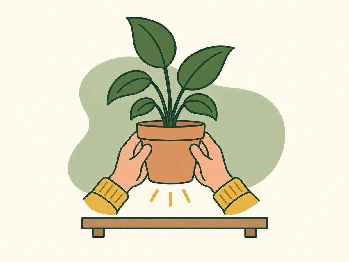 Illustration of two hands lifting a potted houseplant a little off a shelf to judge its weight