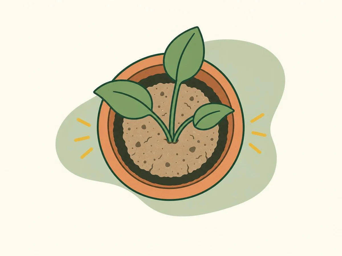 Illustration of a pot seen from above with pale, dry compost that has shrunk away from the inside wall of the pot, leaving a gap
