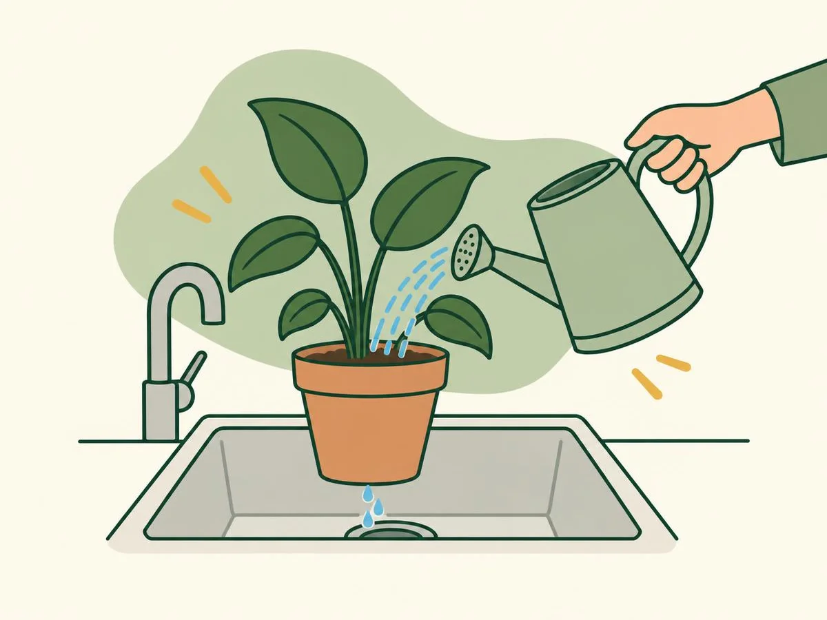 Illustration of a watering can pouring gently onto the compost of a pot standing in a sink, with water dripping from the hole underneath