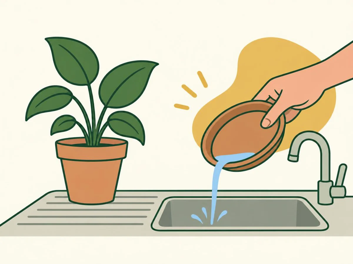 Illustration of a hand tipping leftover water from a plant saucer into a sink while the drained pot stands beside it