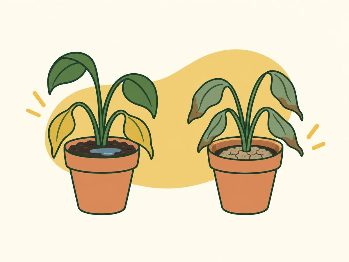 Diagram of two houseplants side by side: on the left a plant in dark soggy compost with yellow drooping lower leaves, on the right a plant in pale shrunken compost with limp grey-green leaves and brown leaf edges
