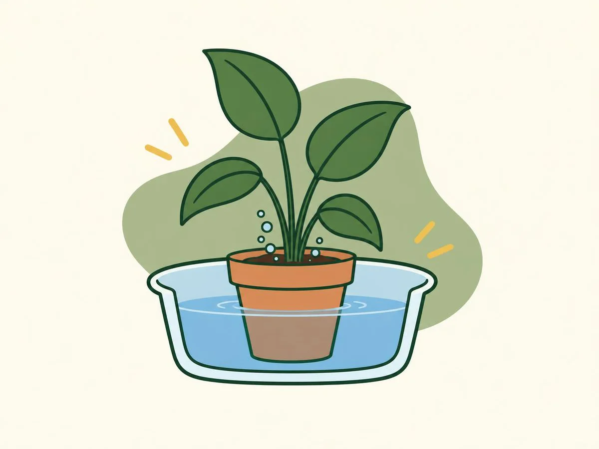 Illustration of a potted plant standing in a washing-up bowl of water that reaches part way up the pot