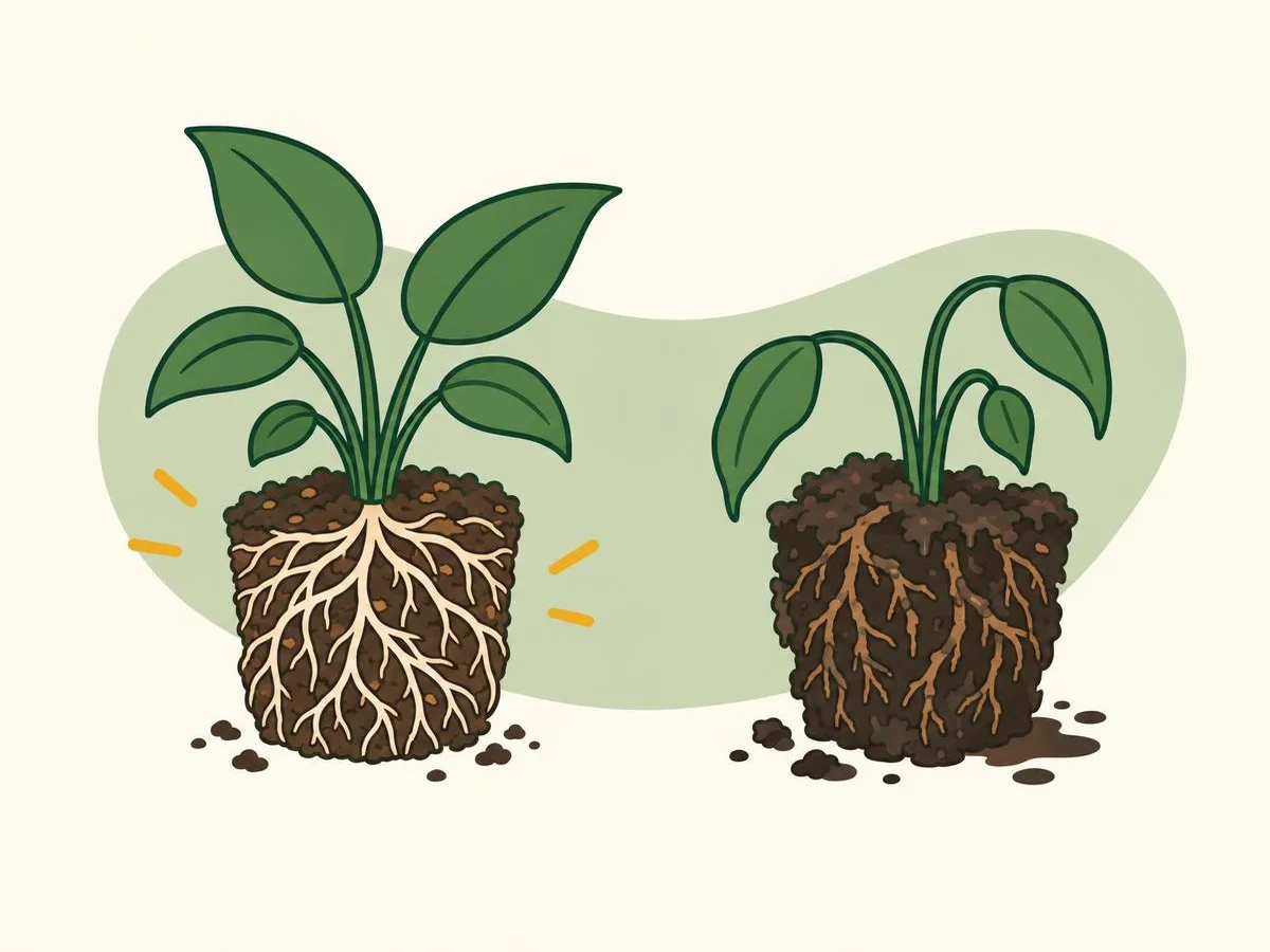 Diagram of two root balls side by side: on the left firm pale roots spread through the compost, on the right dark, soft, broken roots in wet compost