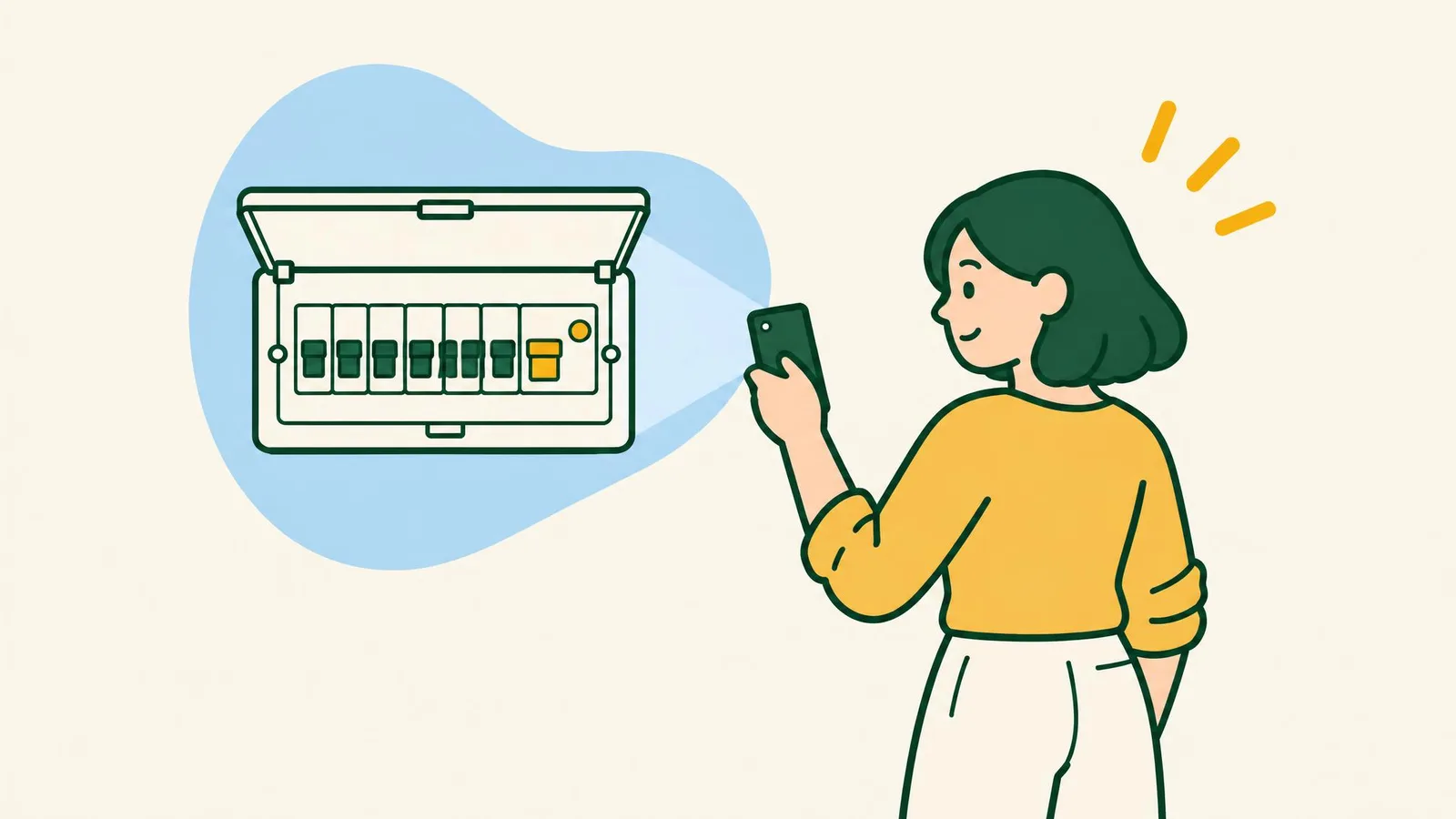 Illustration of a woman lighting an open fuse box on a hallway wall with her phone torch