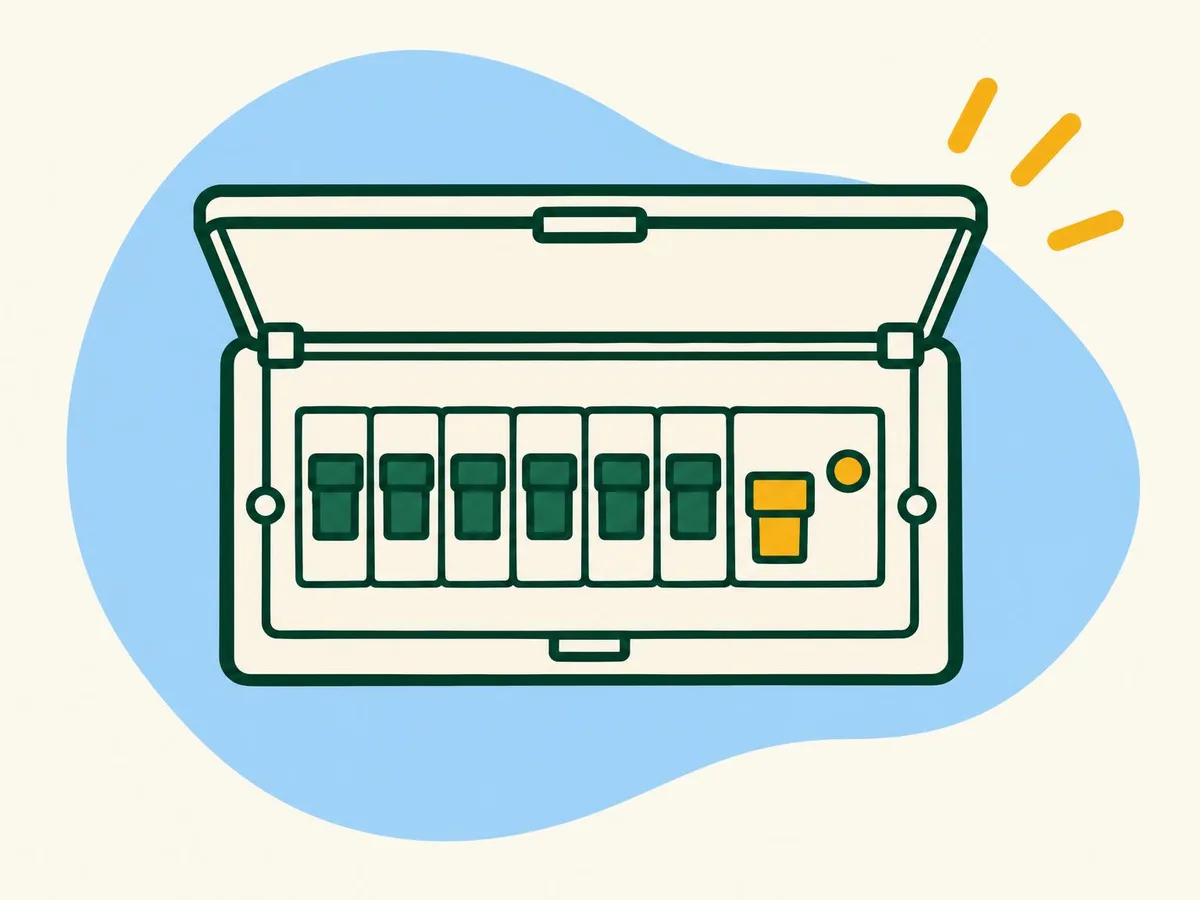 Illustration of an open fuse box with six narrow switches up and the wider yellow safety switch down