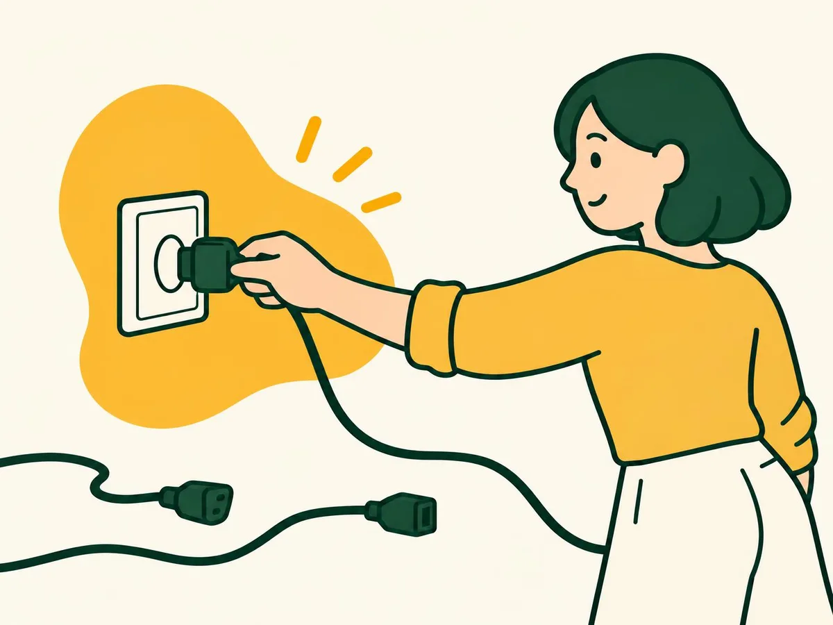 Illustration of a woman pulling a plug out of a wall socket with other unplugged cables lying nearby
