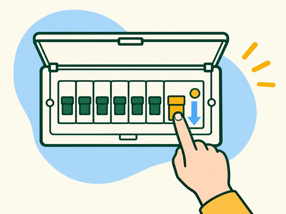 Illustration of a finger pushing the yellow safety switch lever down, with an arrow pointing down