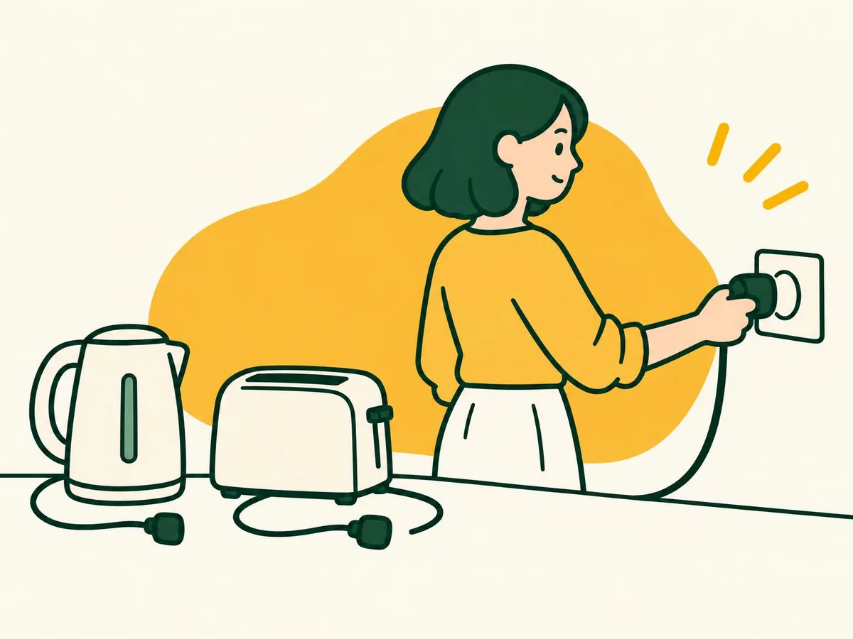 Illustration of a woman plugging one plug back into a socket while a kettle and toaster wait unplugged