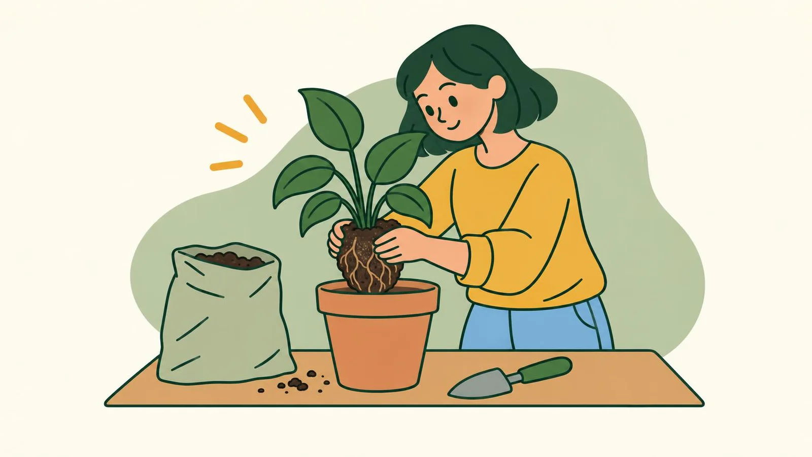 Illustration of a woman at a table lowering a leafy houseplant with its root ball into a slightly bigger pot, a bag of potting mix beside her