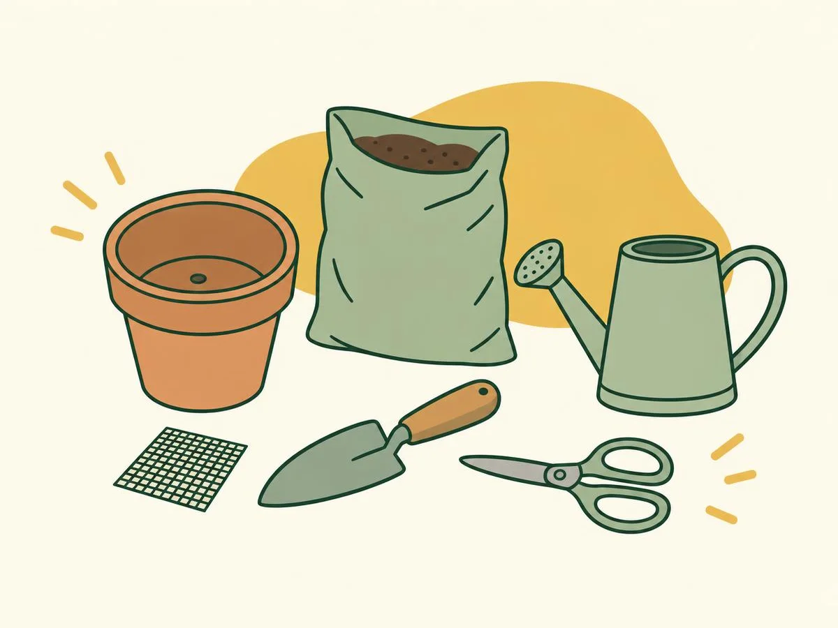 Illustration of repotting supplies laid out on newspaper: a slightly larger pot with a hole, a bag of potting mix, a small square of mesh, a trowel, small clean scissors and a watering can