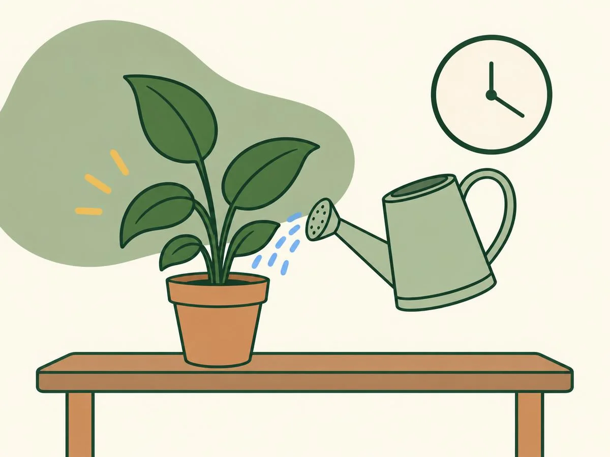 Illustration of a watering can watering a houseplant in its old pot, with a simple wall clock behind it