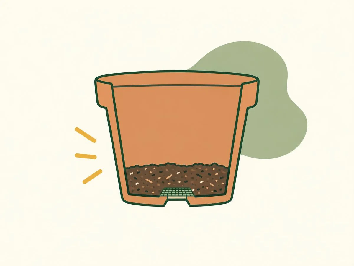 Cut-away diagram of an empty pot with a small square of mesh over the drainage hole and a shallow layer of potting mix on the bottom, and no stones