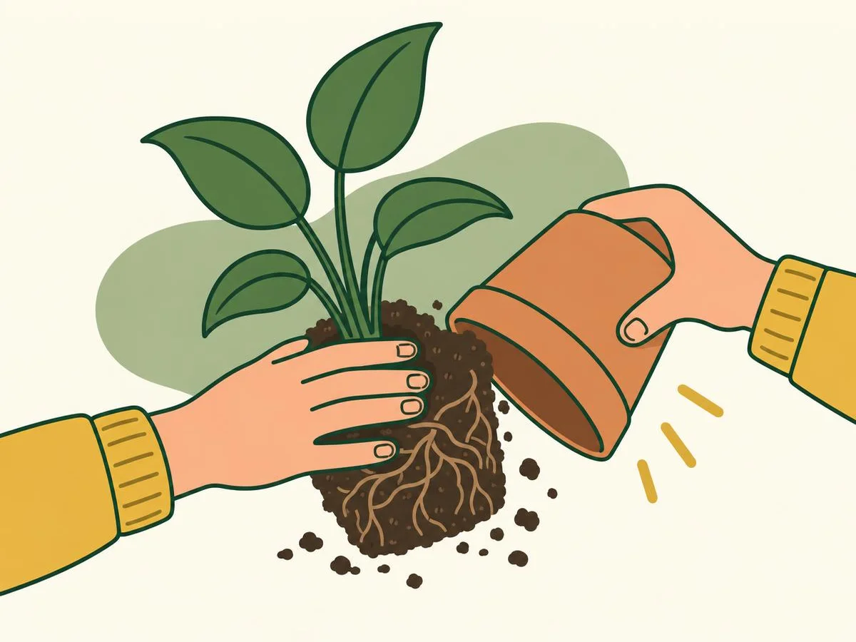 Illustration of a hand spread over the compost around a plant's stems while the other hand tips the pot upside down so the root ball slides out