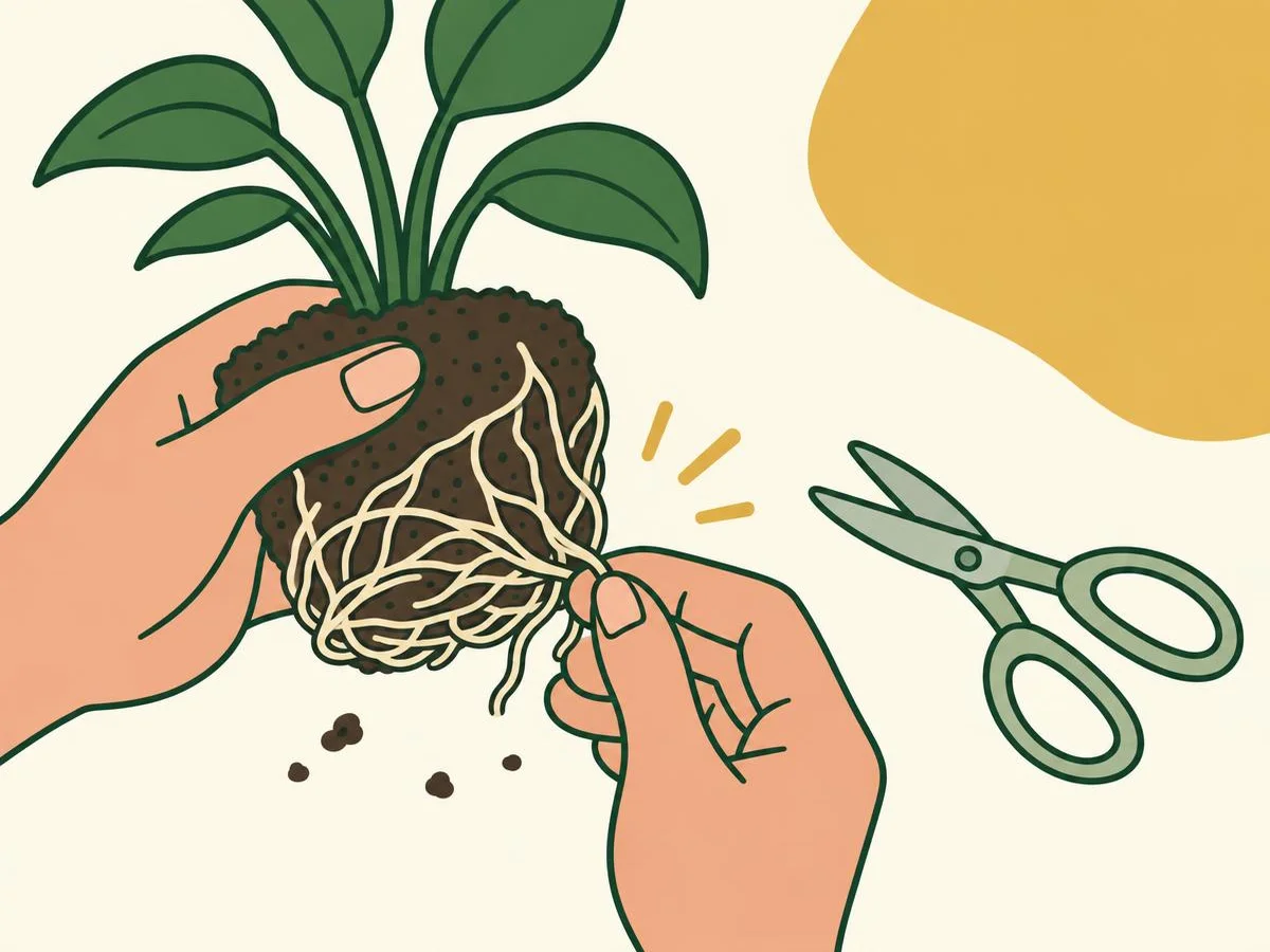 Illustration of fingers gently teasing apart roots that circle the bottom of a root ball, with small scissors resting nearby