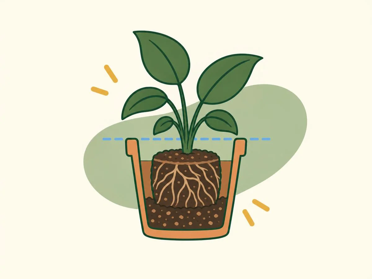 Cut-away diagram of a root ball sitting on fresh mix inside a new pot, the top of the root ball a short gap below the pot rim, with a dashed level line