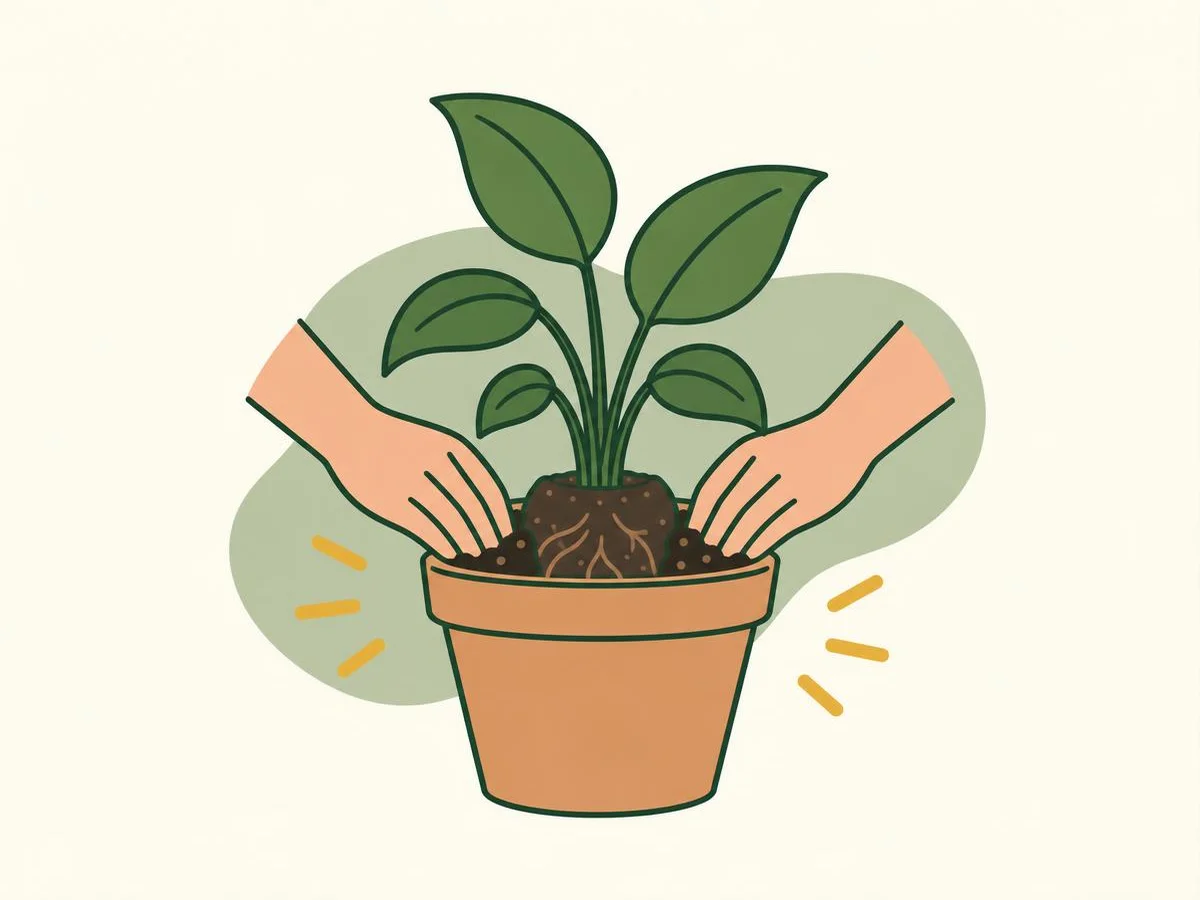 Illustration of hands pressing potting mix gently into the gap between a root ball and the side of its new pot
