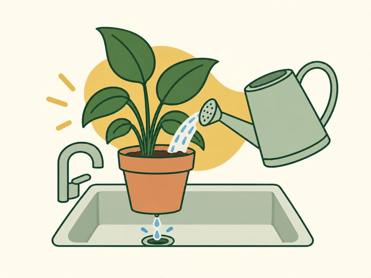Illustration of the repotted plant in a sink being watered with a watering can, water running from the hole underneath