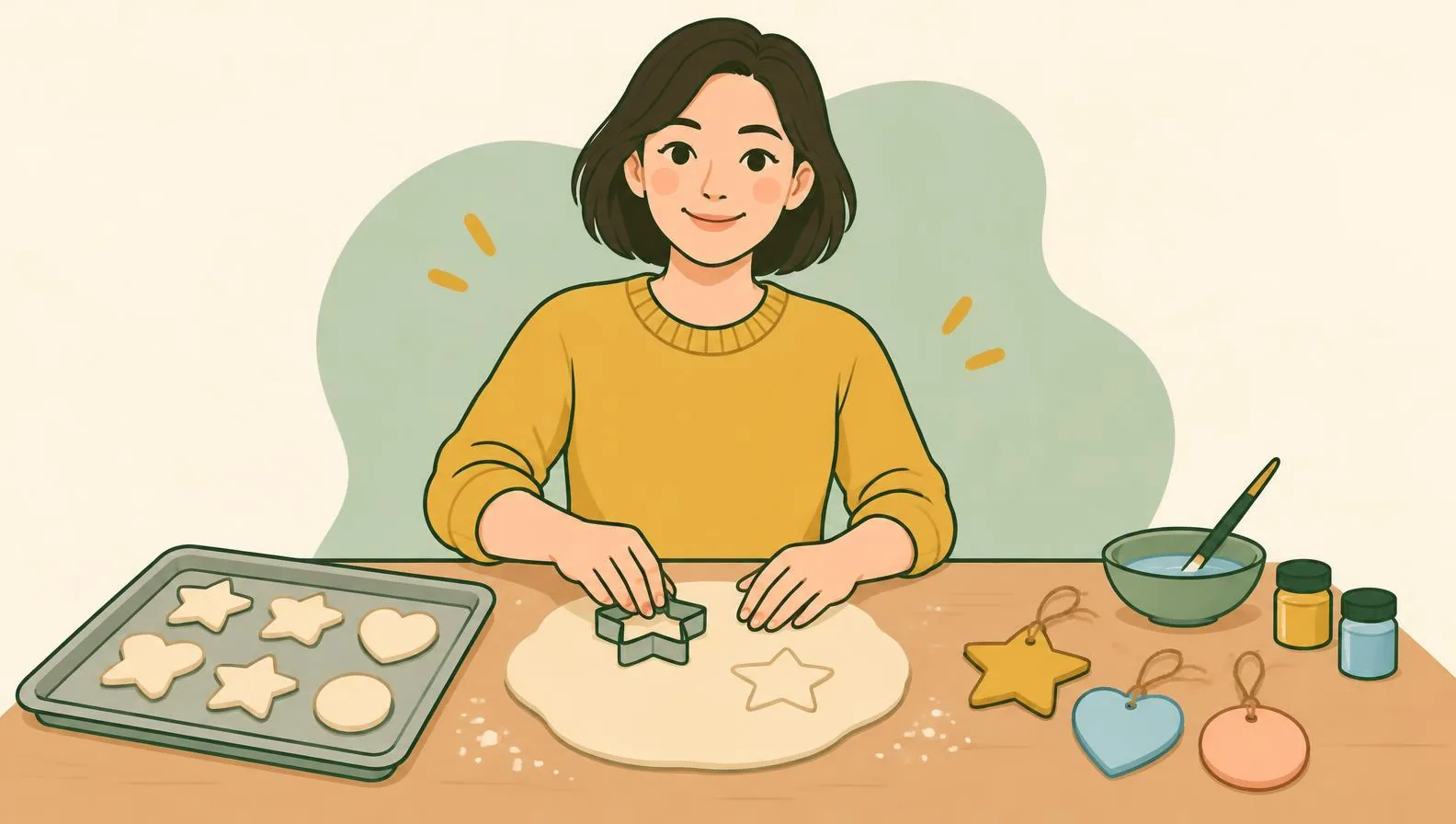 Illustration of a woman at a kitchen table pressing a star cutter into rolled-out pale dough, a tray of shapes and a few painted ornaments beside her