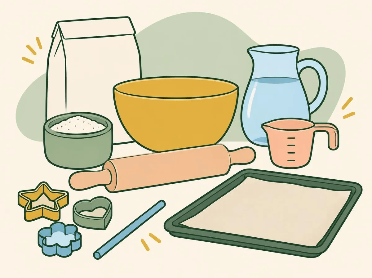 Illustration of a bag of flour, a pot of salt, a jug of water, a mixing bowl, a measuring cup, a rolling pin, shape cutters, a drinking straw and a baking tray lined with paper