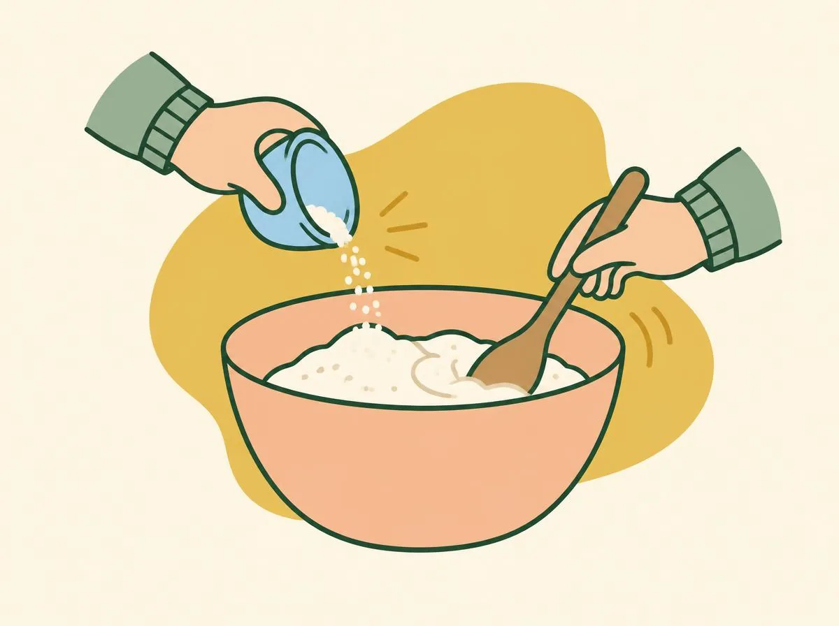 Illustration of a cup tipping salt into a bowl of flour while a spoon stirs the dry mixture