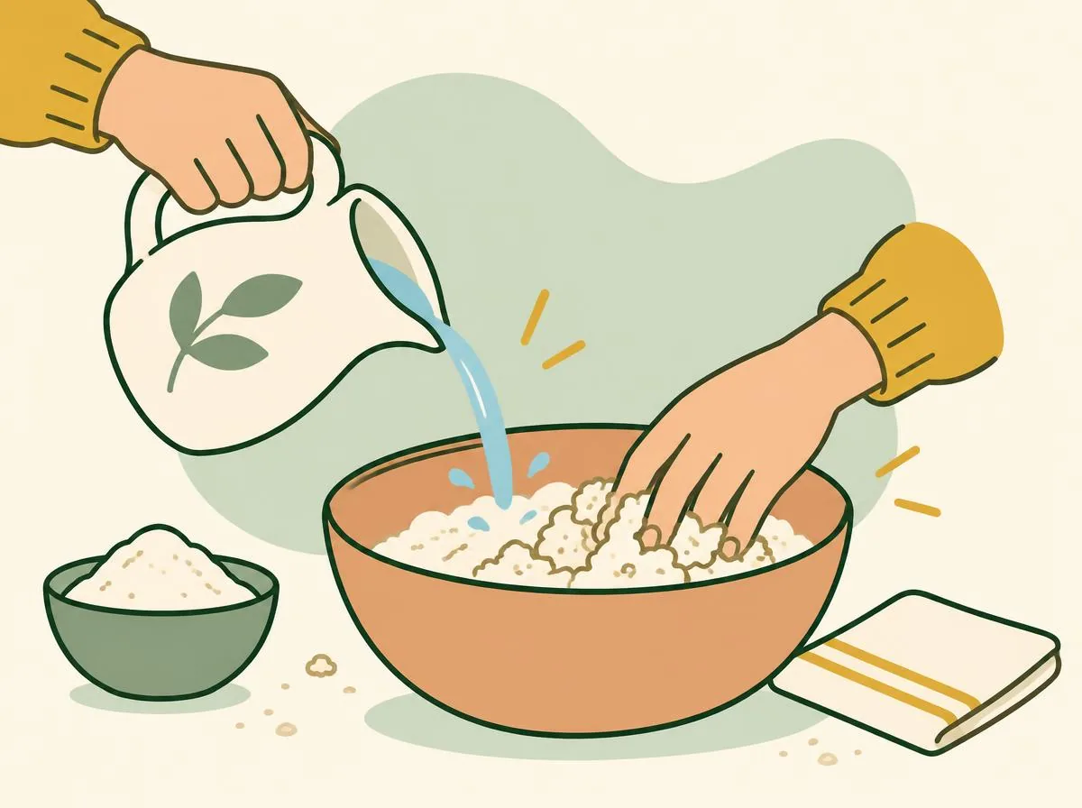 Illustration of a jug pouring a small splash of water into the bowl as a hand mixes the flour into rough clumps