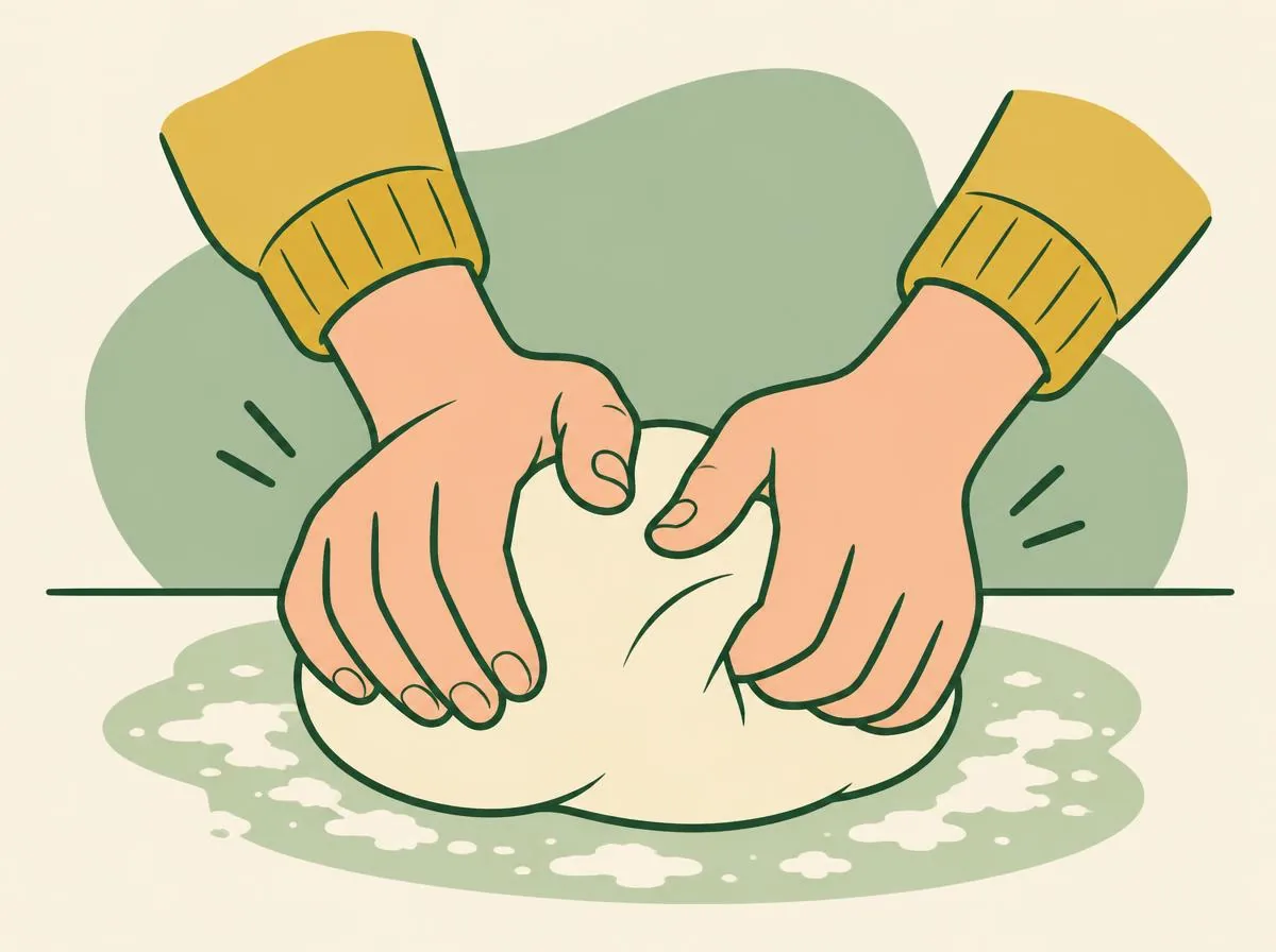 Illustration of two hands kneading a smooth pale ball of dough on a lightly floured table