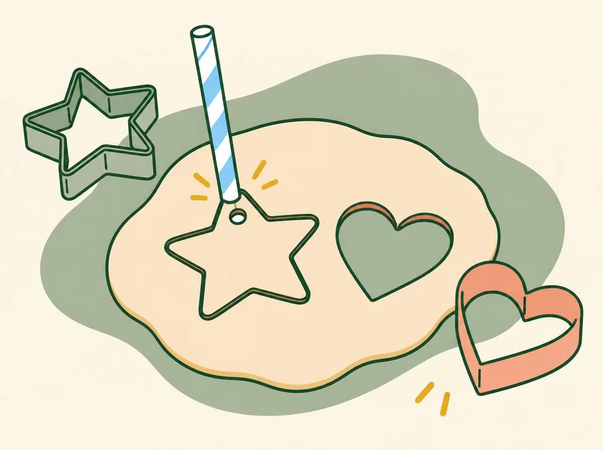 Illustration of rolled-out dough with a star and a heart cut out, and a drinking straw pressing a small hole near the top of the star