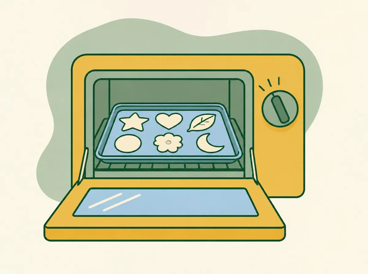 Illustration of a tray of pale dough shapes on a shelf inside an oven with the door open, a simple dial turned to a low setting