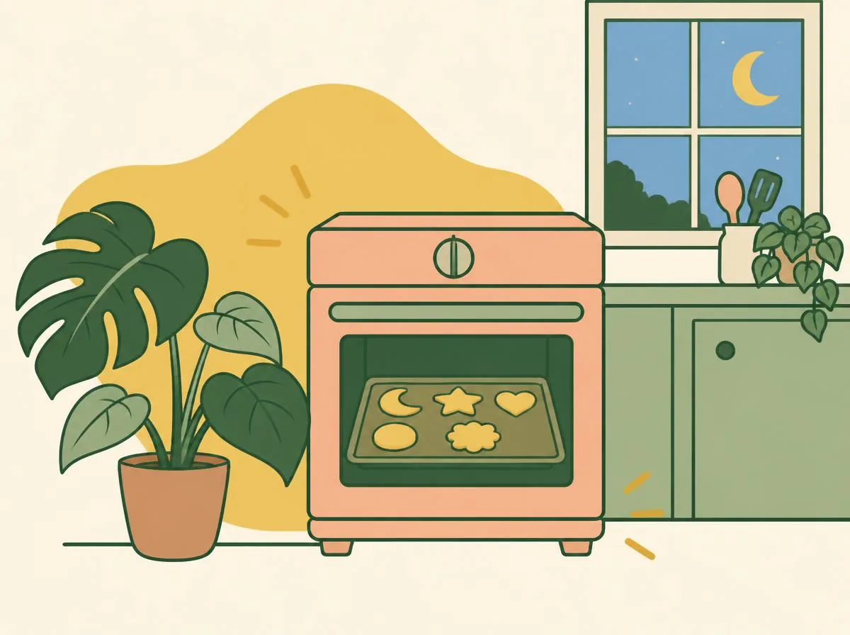 Illustration of a closed oven with its dial turned to off, the tray of shapes visible through the glass door, and a crescent moon shown in the kitchen window