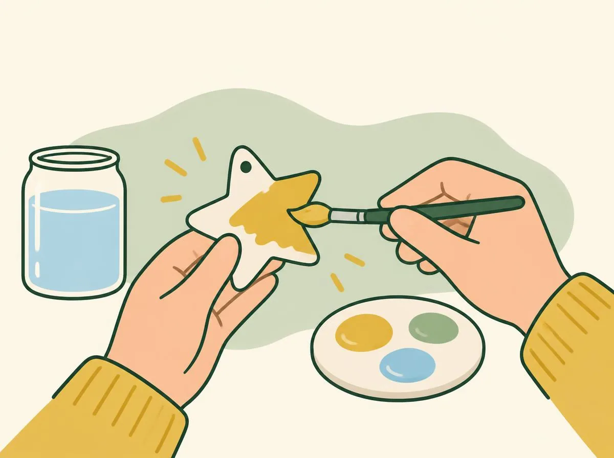 Illustration of a hand painting a dried dough star in mustard yellow with a small brush, a palette of paints and a jar of water nearby
