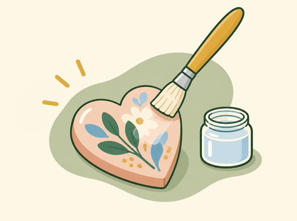 Illustration of a soft brush spreading a thin clear coat over a painted dough heart, the sealed surface catching a soft shine
