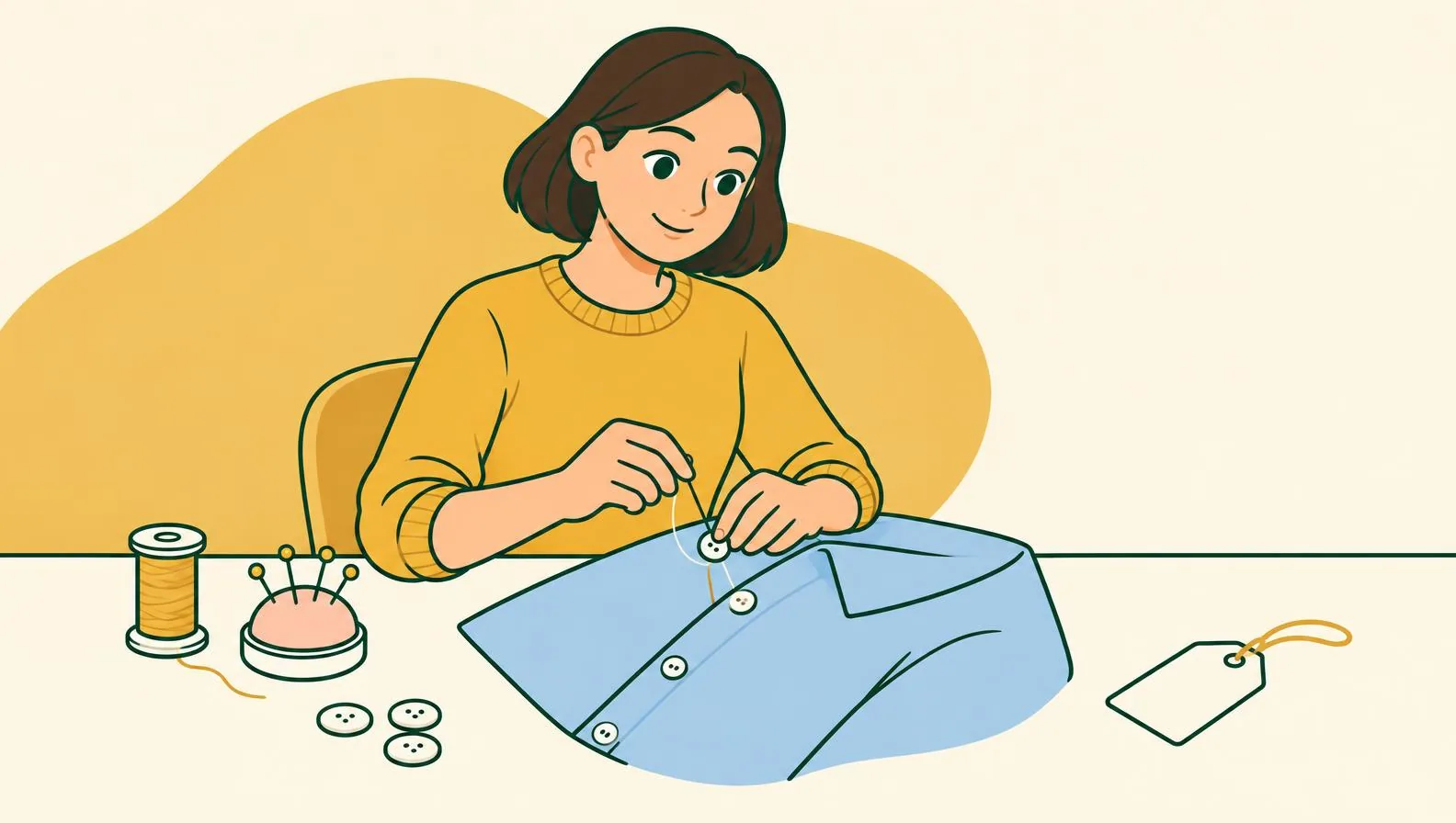 Illustration of a woman sitting at a table sewing a button onto the front of a shirt, a reel of thread and a small pin cushion beside her