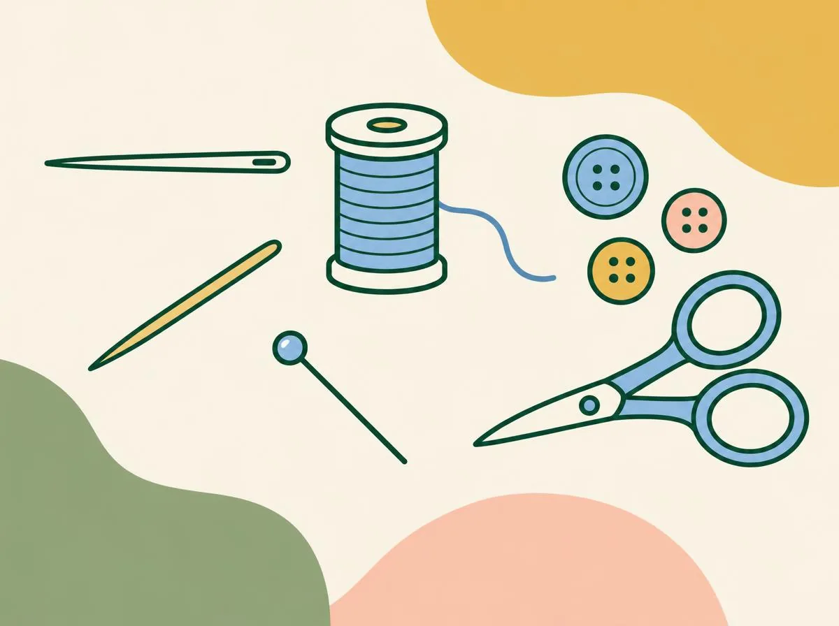Illustration of a sewing needle, a reel of thread, a few buttons, a toothpick, a pin and small scissors laid out on a table