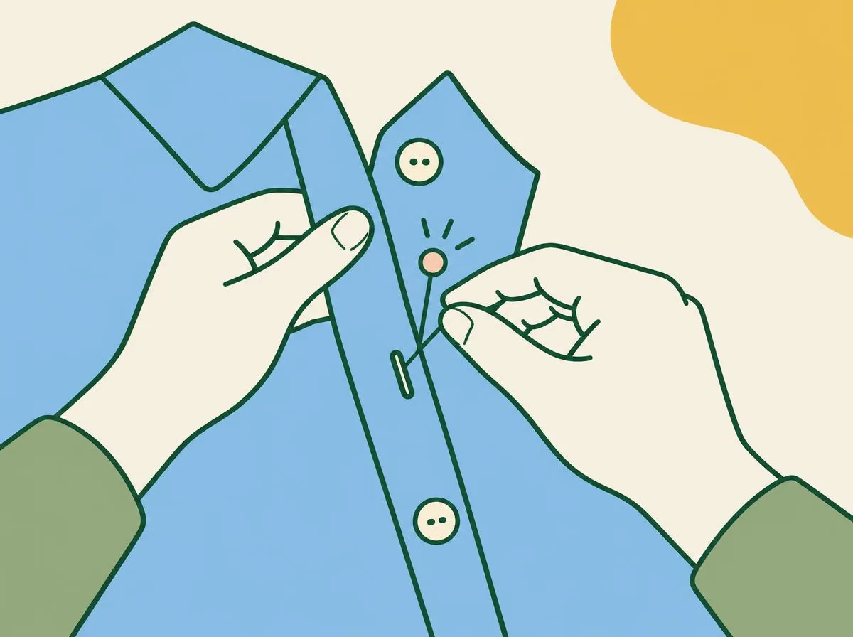 Illustration of the two front edges of a shirt overlapped, a pin pushed through the empty buttonhole into the fabric below