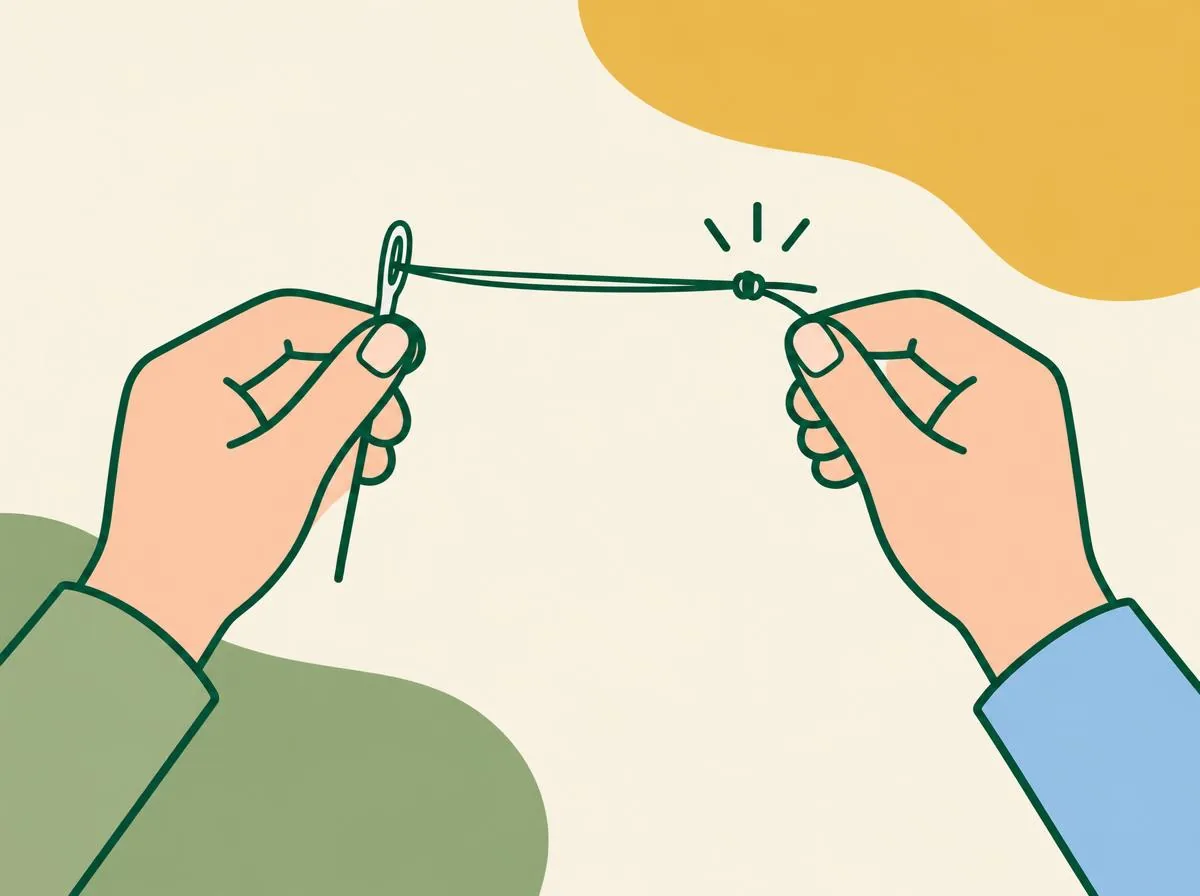 Illustration of hands holding a threaded needle with the two ends of the thread pulled level and a small knot tied at the end