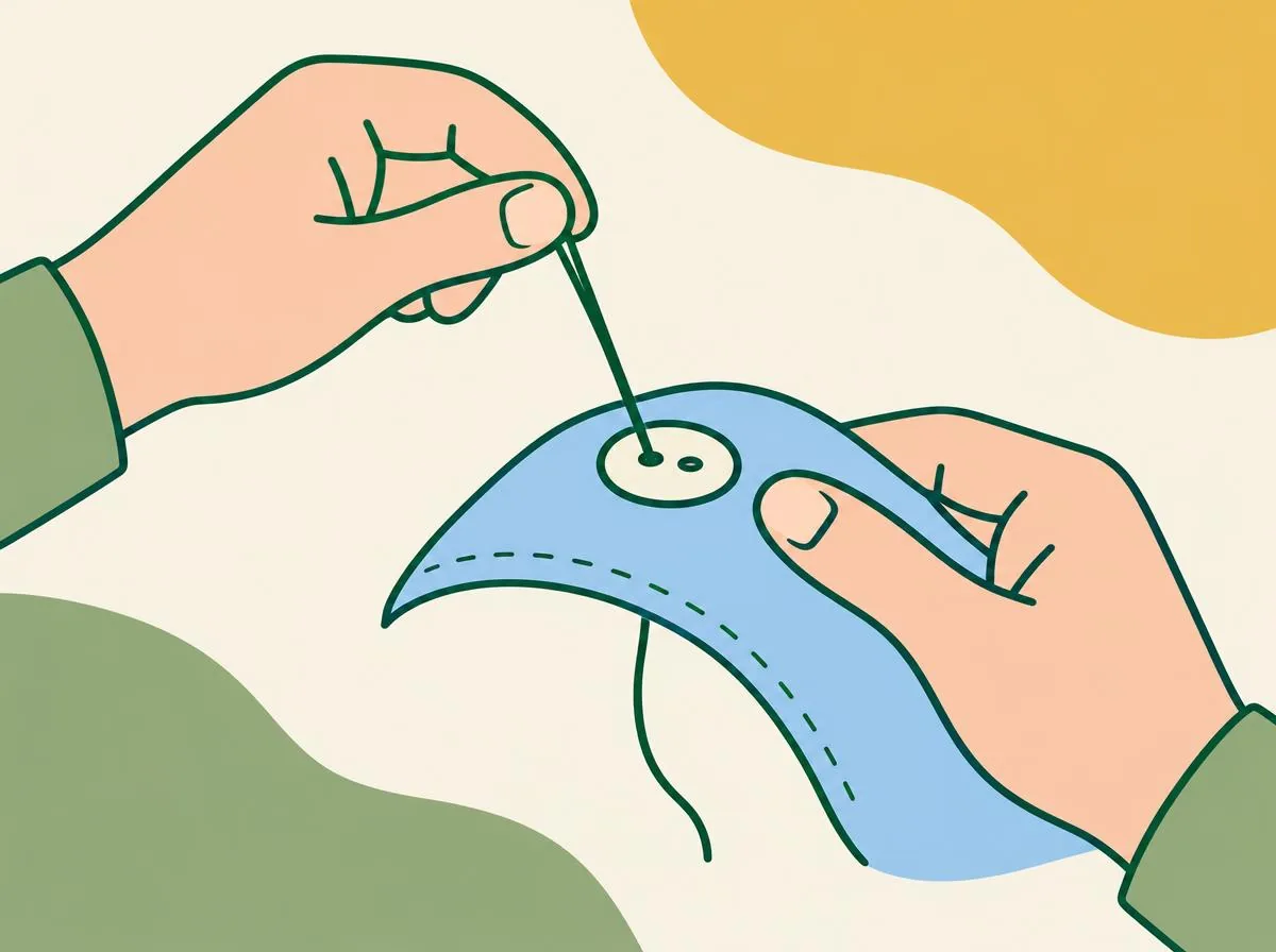 Illustration of a needle coming up from the back of the fabric through one hole of a two-hole button held on the marked spot