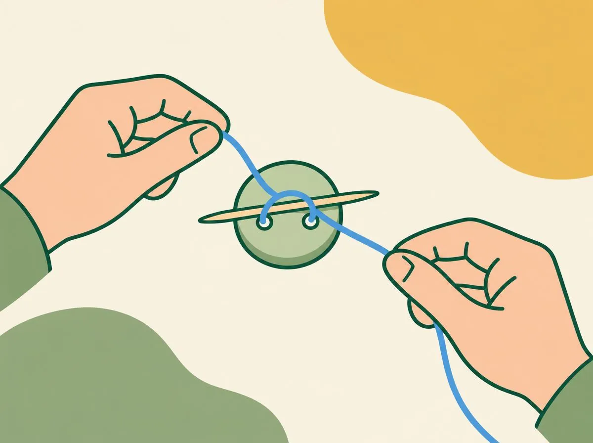 Illustration of a toothpick lying across a two-hole button between the holes, with thread passing over it from one hole to the other