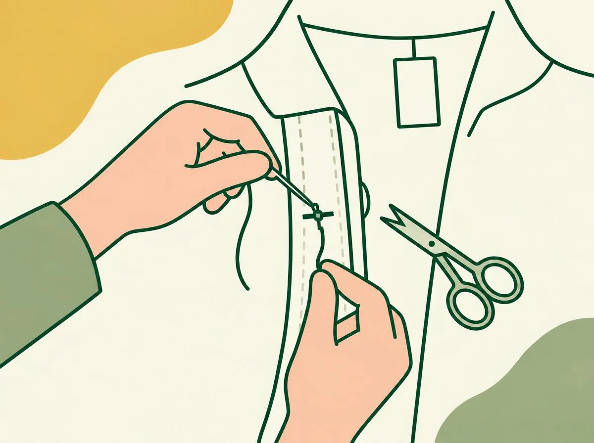 Illustration of the inside of a shirt front, a needle making a small knot in the stitches behind a button, small scissors ready to trim