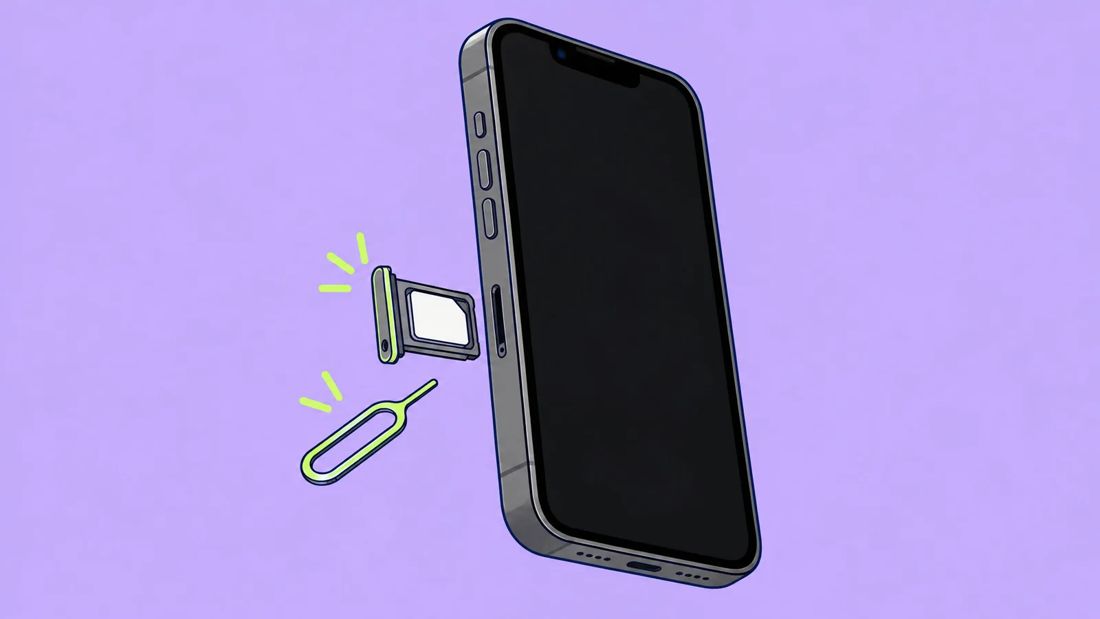 Illustration of an iPhone with its SIM tray pulled out of the left side and a SIM tool beside it
