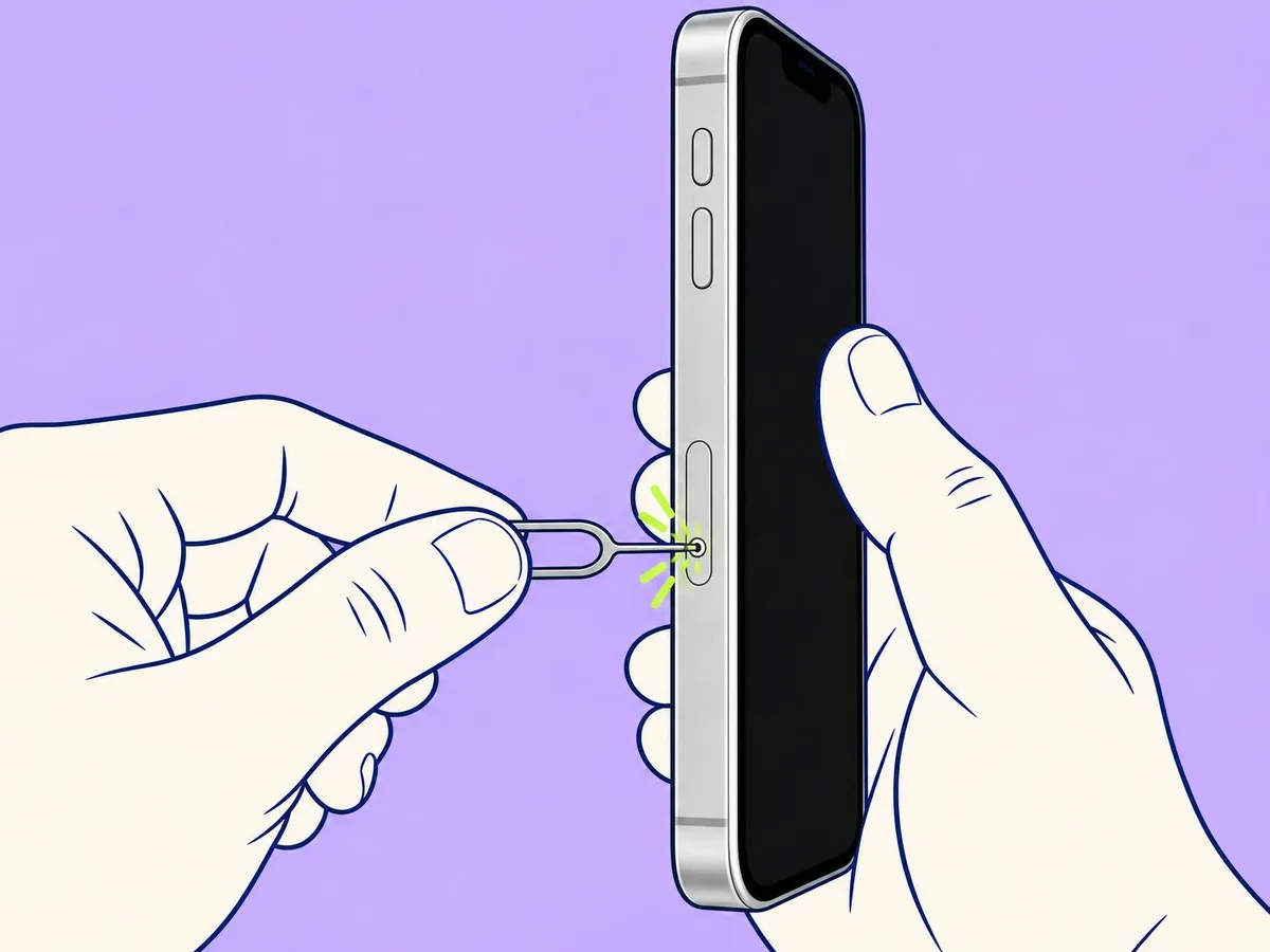 Illustration of a SIM tool pushed straight into the pinhole of the SIM tray on the left side of an iPhone, below the volume buttons